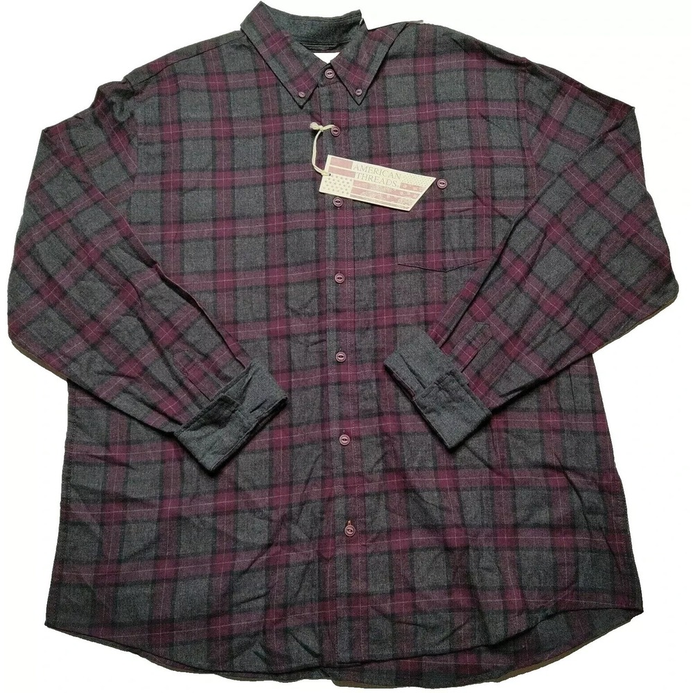 American Threads Flannel Wine Plaid Burnout Button Shirt - Men 2XL‎ NEW